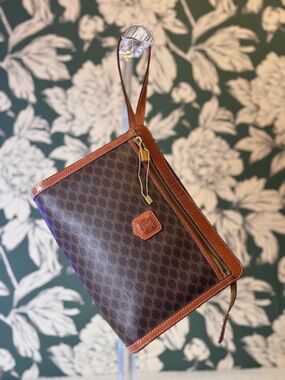 Celine Authentic Brown Patterned Wristlet with Tan Leather Trim EUC